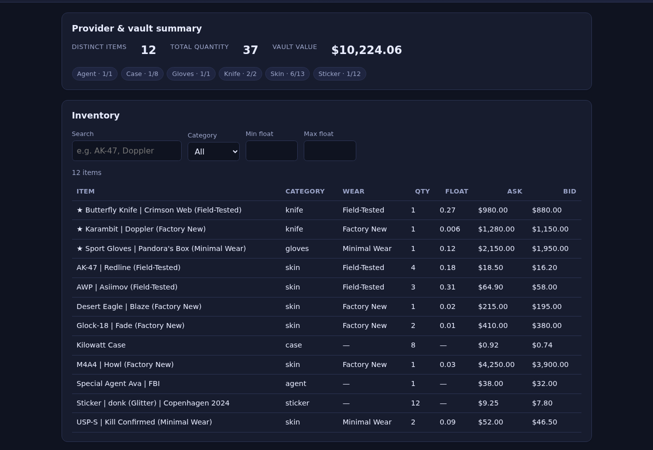 Skinvault inventory with synthetic items and normalized prices